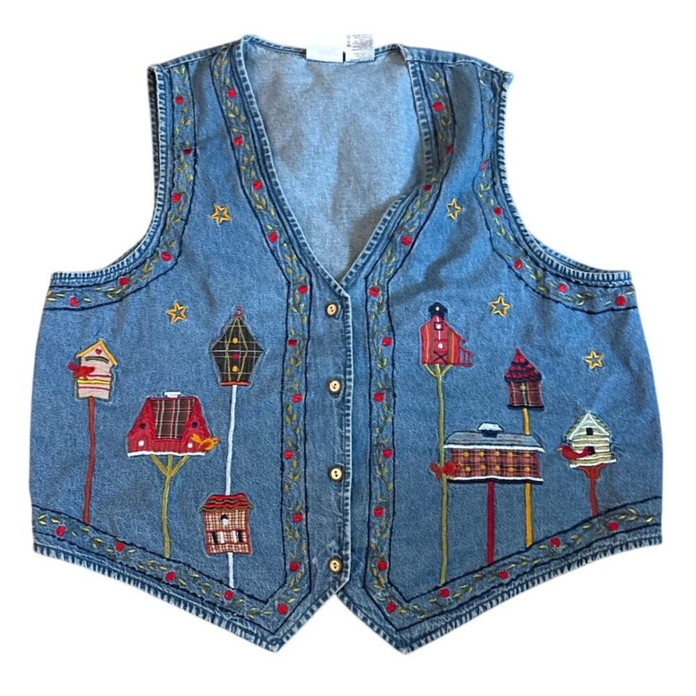 Boobie Brooks Woman Denim Vest 22/24W Birdhouse Embroidered Vintage Cottage EUC